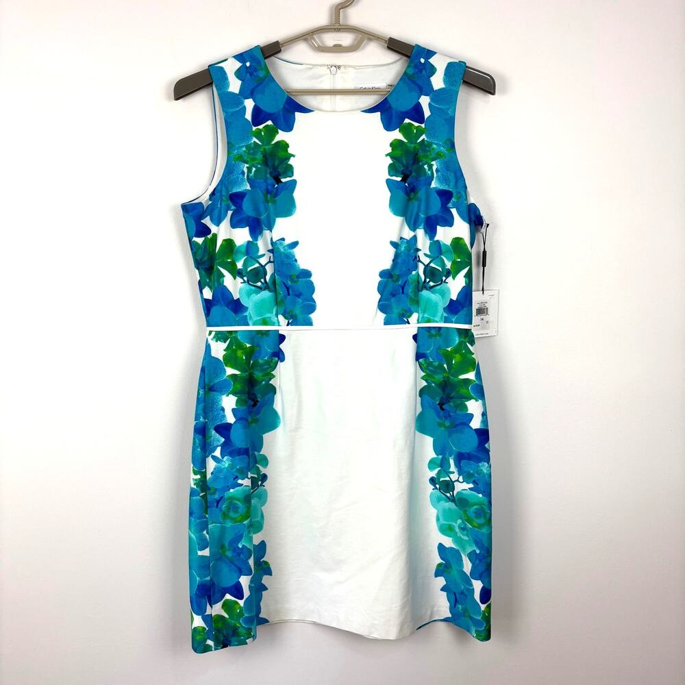 Calvin Klein Sheath Dress Sleeveless NEW 14 white blue green floral career party